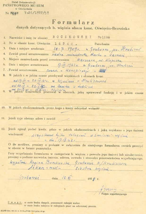 159 Dokument 14 Rok 1958, 12 listopada. Formularz o Feliksie Boczkowskim (ze zbiorów Reginy Boczkowskiej). 1.652.