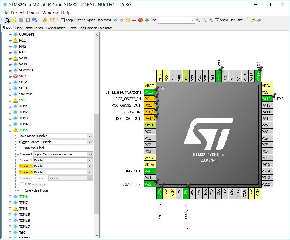 3.2 Input Capture 3 ZADANIA DO WYKONANIA Rysunek 5: Aktywacja licznika TIM5 oraz wejścia Input Capture się pojawi ustaw podciągnięcie portu do napięcia zasilania (ang.