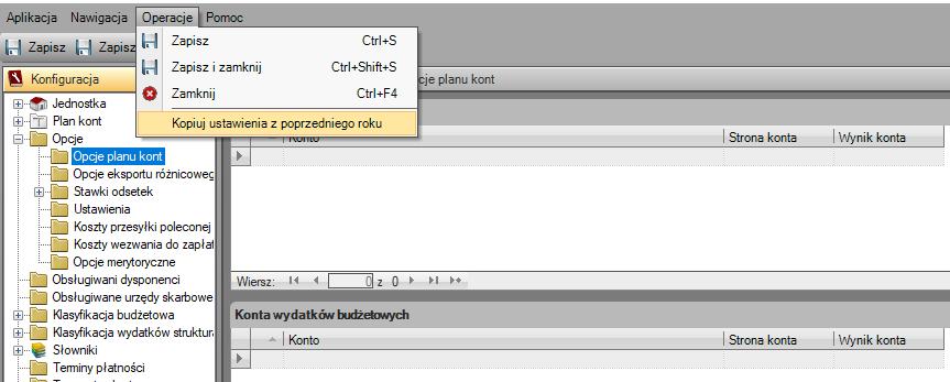 Krok 13 - Opcje planu kont Poprawność wykonywanie raportów: realizaja wydatków i realizacja dochodów zależy do konfigurcji opcji planu kony.