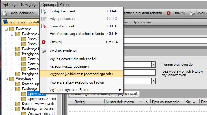 Po przeprowadzeniu operacji kopiowania upomnień/wezwań nie wolno już tworzyć upomnień/wezwań w poprzednim roku. Kopiowanie upomnień/wezwań prezentowane jest w postaci dziennika zdarzań.