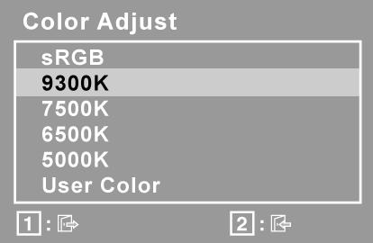 Element Objaśnienie Color Adjust (Regulacja kolorów) oferuje kilka opcji regulacji kolorów: ustawione fabrycznie temperatury kolorów oraz User Color (Indywidualne ustawienia koloru) pozwalające