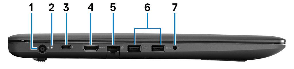 Widoki komputera Dell G3 3779 4 W lewo 1 Złącze zasilacza Umożliwia podłączenie zasilacza w celu zasilania komputera i ładowania akumulatora.