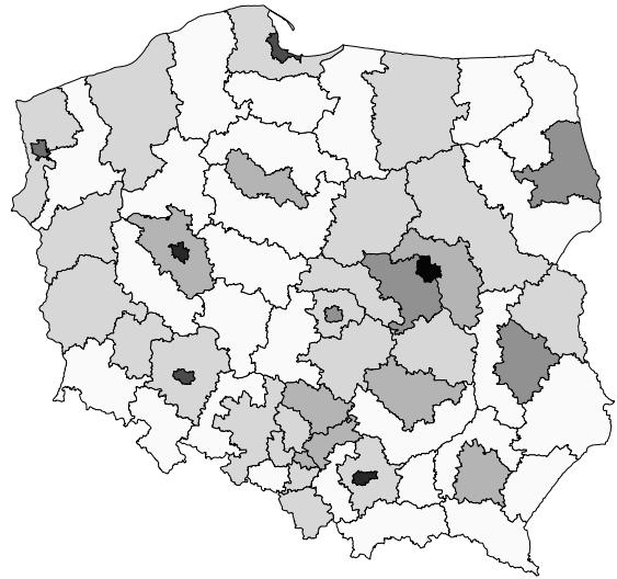 Kraków (27,9% ludności), m. Poznań (27,1% ludności) oraz m. Wrocław (26,7% ludności).