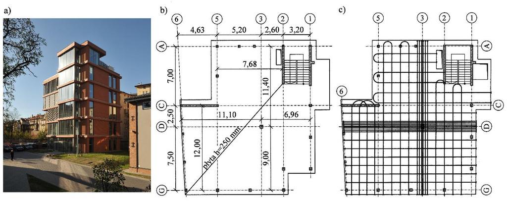 2. Stropy sprężone w budynkach 2.1 Płyta płaska stropodachu w budynku Małopolskiego Laboratorium Budownictwa Energooszczędnego w Krakowie Pięciokondygnacyjny budynek o konstrukcji szkieletowej (rys.