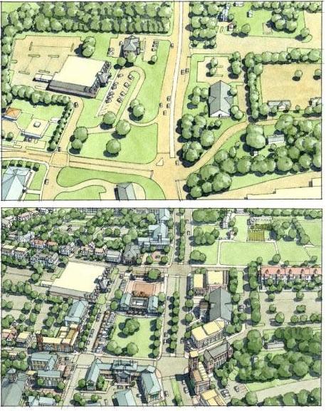 Tworzenie kompaktowych dzielnic (Compact Development) zasady: - koncentracja populacji i możliwości zatrudnienia - średnia lub duża gęstość - dostosowana do kontekstu; - zróżnicowane funkcje (