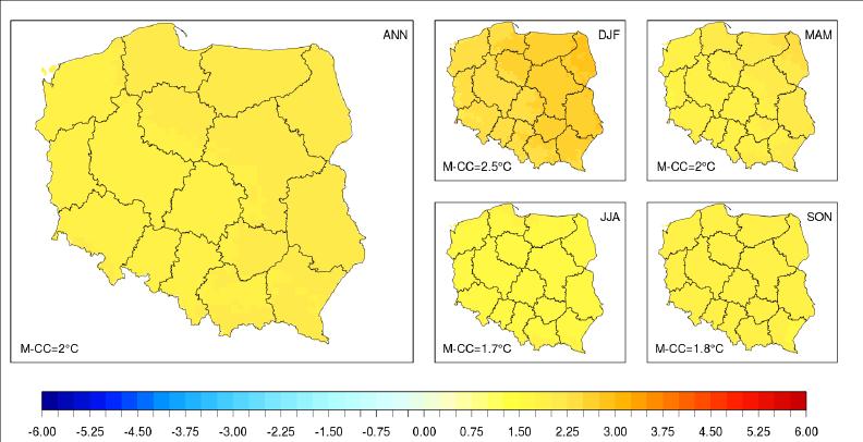 B: Rysunek 2 Projektowane zmiany temperatury powietrza w C dalszej przyszłości (A: 2021-2050, B: 2071-2100) zakładając scenariusz RCP4.