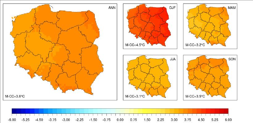 Rysunek 3 Projektowane zmiany temperatury powietrza w C w dalszej przyszłości (2071-2100) zakładając scenariusz RCP8.