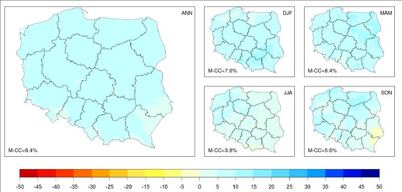 A: B: Rysunek 7 Projektowane zmiany opadów deszczu w % w niedalekiej przyszłości (A: 2021-2050, B: 2071-2100) zakładając scenariusz RCP4.