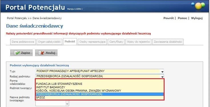 Dane uzupełniane w zakładce Podmiot dotyczą siedziby firmy zgodnie z danymi zawartymi w dokumencie potwierdzającym nadanie nr REGON a nie apteki (są przypadki, gdzie adres apteki jest taki sam jak