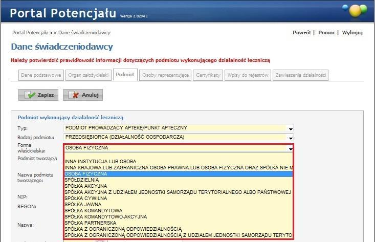 Forma właścicielska : w zależności od formy prowadzonej działalności należy wybrać właściwą opcję z listy.