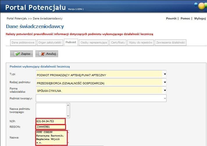 przez organ rejestrujący NIP REGON : należy wpisać nadany przez GUS 9 cio cyfrowy numer REGON (bez rozszerzenia) Nazwa: należy wpisać
