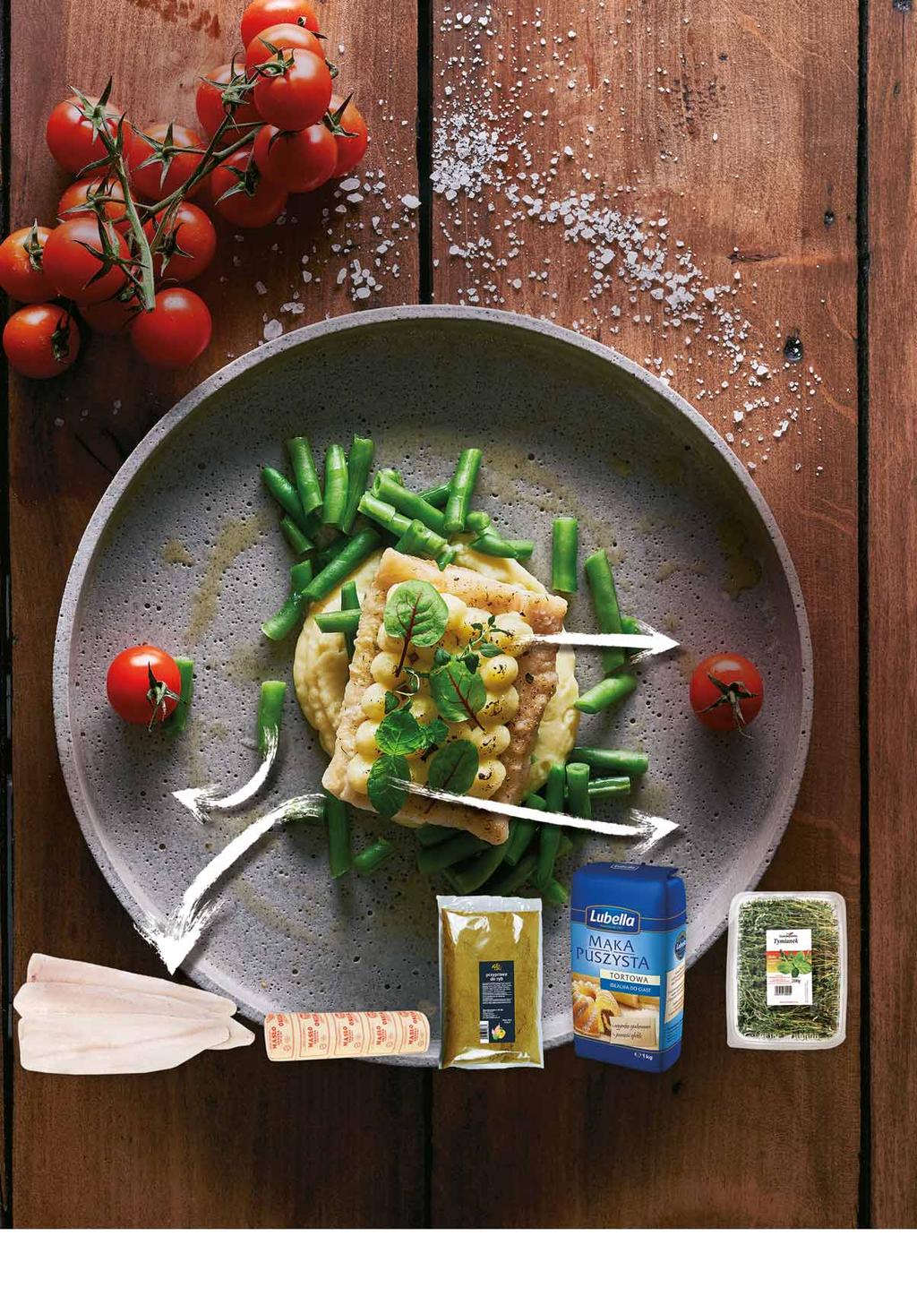 Miruna / fasolka szparagowa / puree ziemniaczane Składniki na 10 porcji: Miruna nowozelandzka filet bez skóry - 1,5 kg Przyprawa do ryb - 0,03 kg Fasolka szparagowa - 1,2 kg Puree ziemniaczane - 0,3