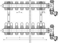 G1; 12 550 50 600 210 PN 10 / 90 C 1 90 Ą KOMPLET ZAWIERA: belkę mosiężną G1 2 sztuki, 1 komplet uchwytów do rozdzielacza z gumowymi podkładkami, nypel redukcyjny G3/4 zależnie od ilości obwodów,