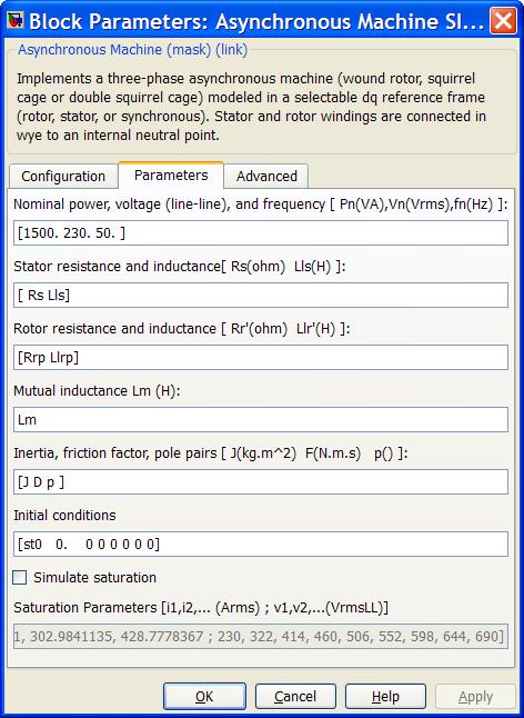 W wykonanym przykładzie obliczeniowym parametry modelu silnika wymagane w bloku Block Parameters w Matlab-Simulink są podane w postaci zmiennych tak jak na poniższym rysunku: Wartości powyższych