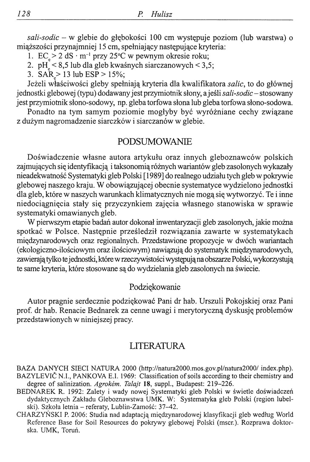 128 P. Hulisz sali-sodic - w glebie do głębokości 100 cm występuje poziom (lub warstwa) o miąższości przynajmniej 15 cm, spełniający następujące kryteria: 1.