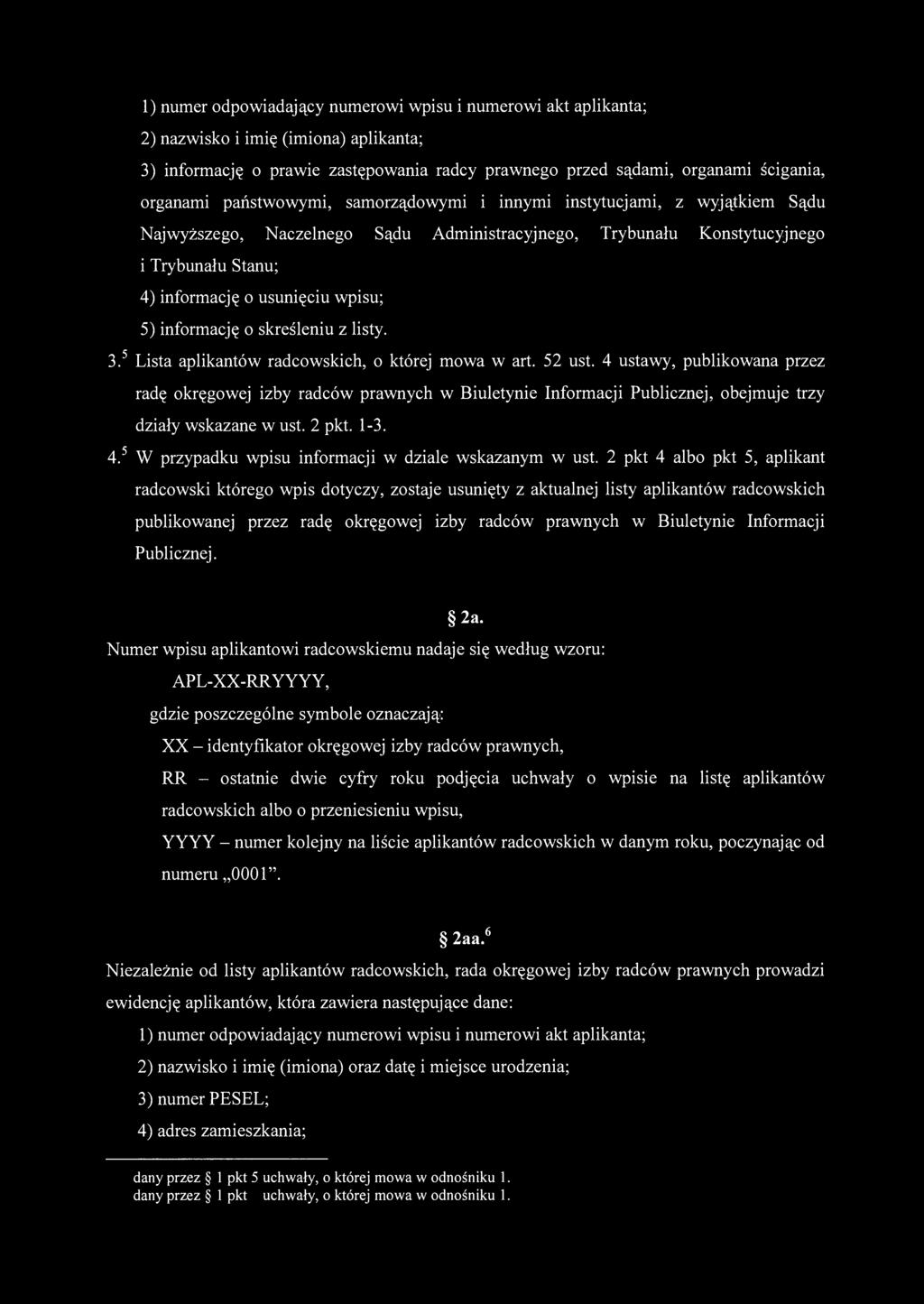 1) numer odpowiadający numerowi wpisu i numerowi akt aplikanta; 2) nazwisko i imię (imiona) aplikanta; 3) informację o prawie zastępowania radcy prawnego przed sądami, organami ścigania, organami