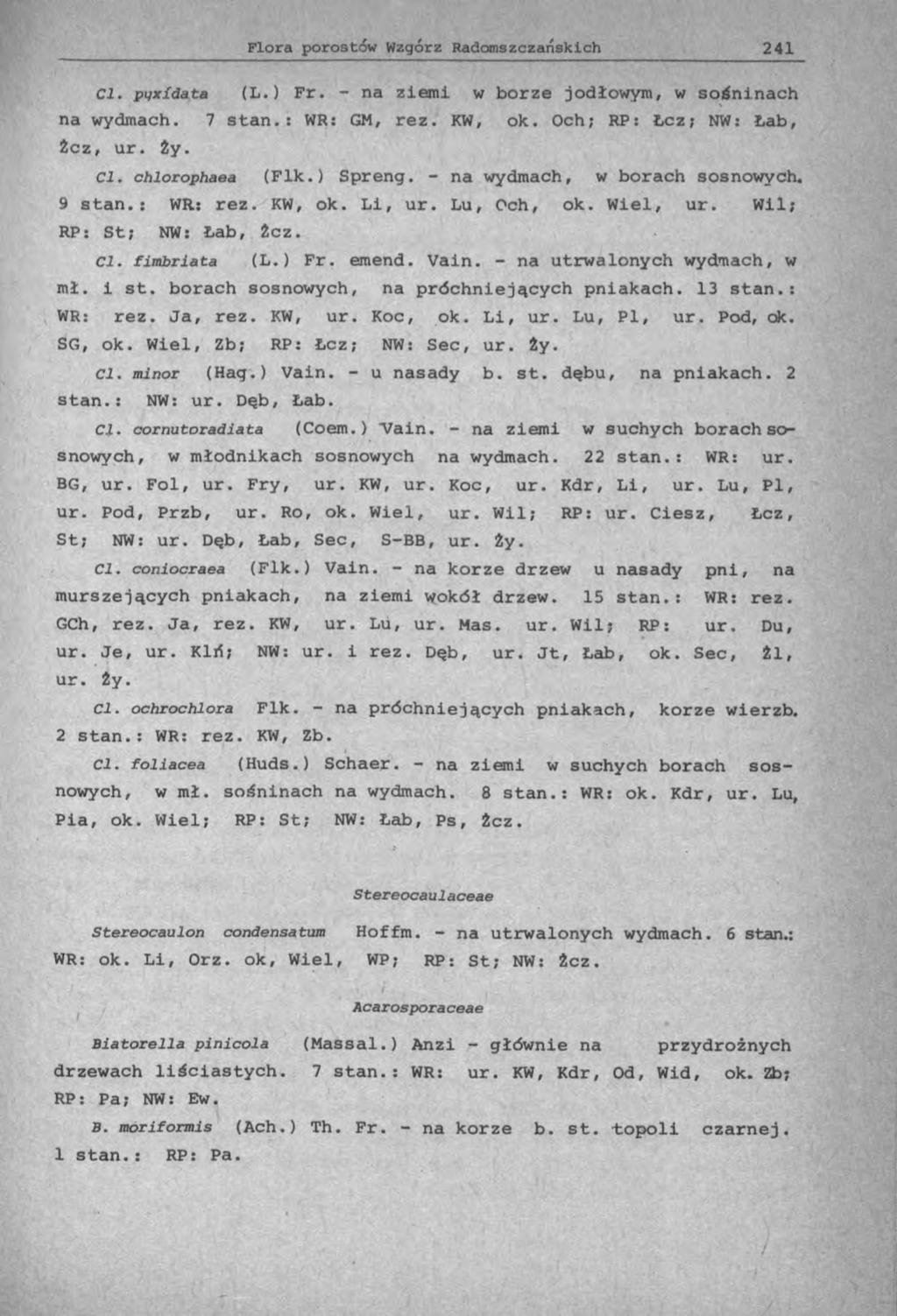 Cl. pqxídata (L.) Fr. - na ziemi w borze jodłowym, w sośninach na wydmach. 7 stan.: WR: GM, rez. KW, ok. Och; RP: Łez; NW: Łab, Żcz, ur. Ży. Cl. cblorophaea (Fik.) Spreng.