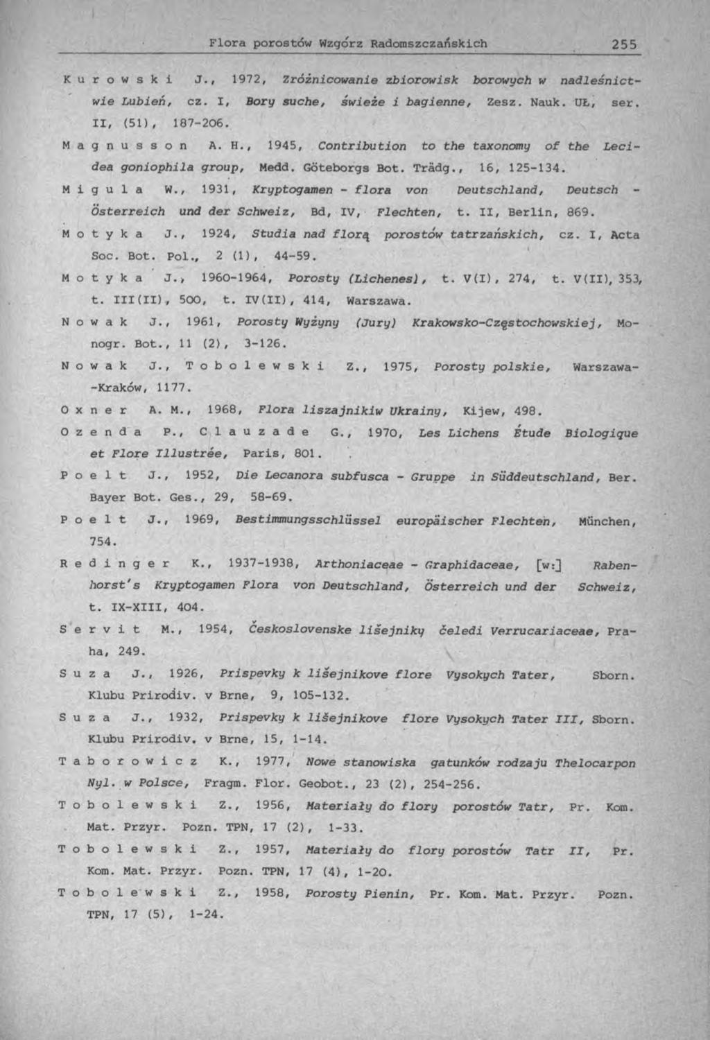 K u r o w s k i J., 1972, Zróżnicowanie zbiorowisk borowych w nadleśnictwie Lubień, cz. I, Bory suche, świeże i bagienne, Zesz. Nauk. UL, ser. II, (51), 187-206. M a g n u s s o n A. H.
