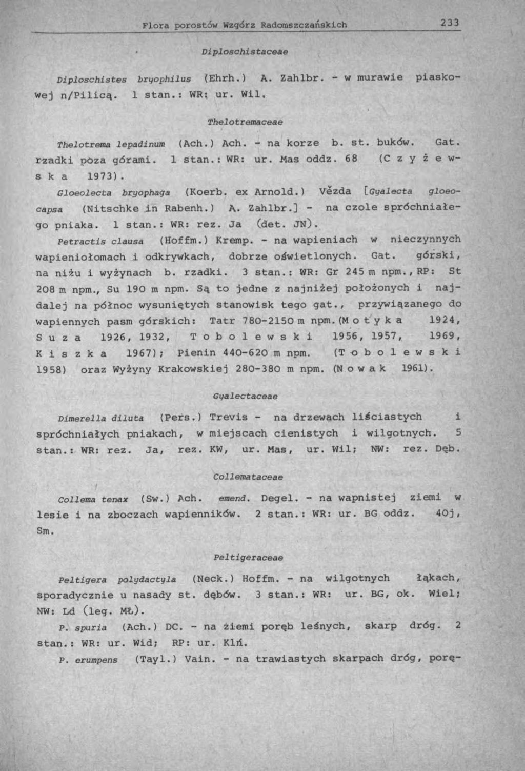 Diploschistaceae Diploschlstes bryophilus (Ehrh.) A. Zahlbr. - w murawie piaskowej n/pilicą. 1 stan.: WR; ur. Wil, Tbelotremaceae Thelotrema lepadinum (Ach.) Ach. - na korze b. st. buków. Gat.