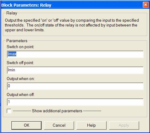 Rys. 5. Parametry bloku Relay jako regulatora prądu Przy tak ustawionych parametrach bloku, jeżeli prąd osiągnie wartość Imax na jego wyjściu pojawi się zero.