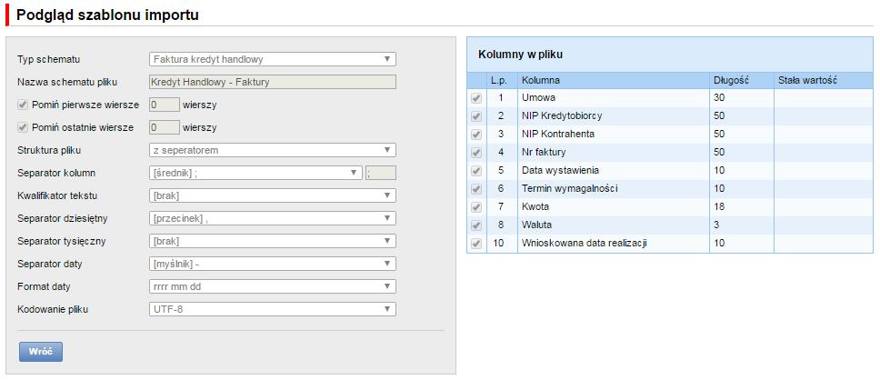 Opis szablonów importu istniejących w systemie. 33 Format importu Kredyt Handlowy - Faktury.