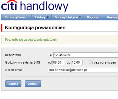 Citi Trade Portal obsługuje wysyłkę powiadomień w formie wiadomości SMS tylko na polskie numery telefonów komórkowych tj. zaczynające się na (+48).