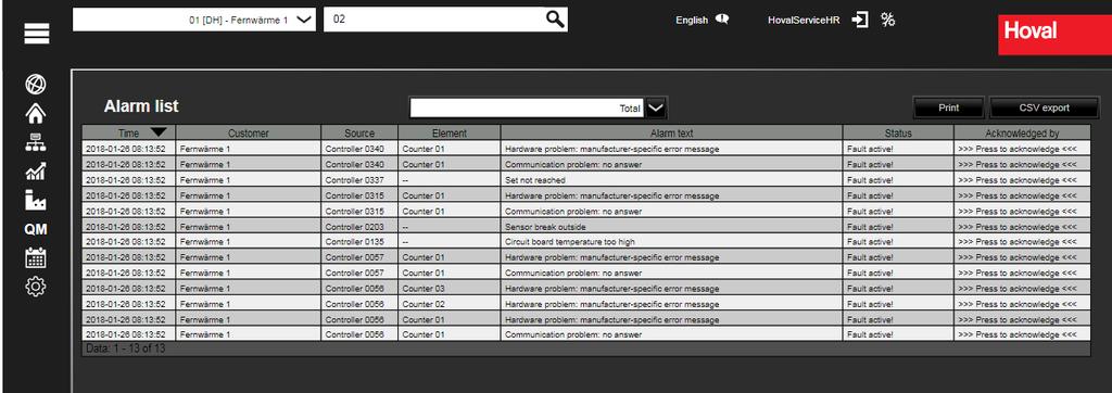 Powiadomienie o alarmie Export to CSV file Hoval /