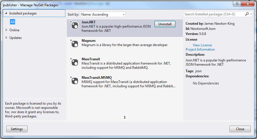 Rysunek 1 - okno menedżera pakietów NuGet W przypadku kiedy pakiet NuGet okaże się niezainstalowany można go zainstalować przy pomocy menedżera dodatków: TOOLS Extensions and Updates. 3.
