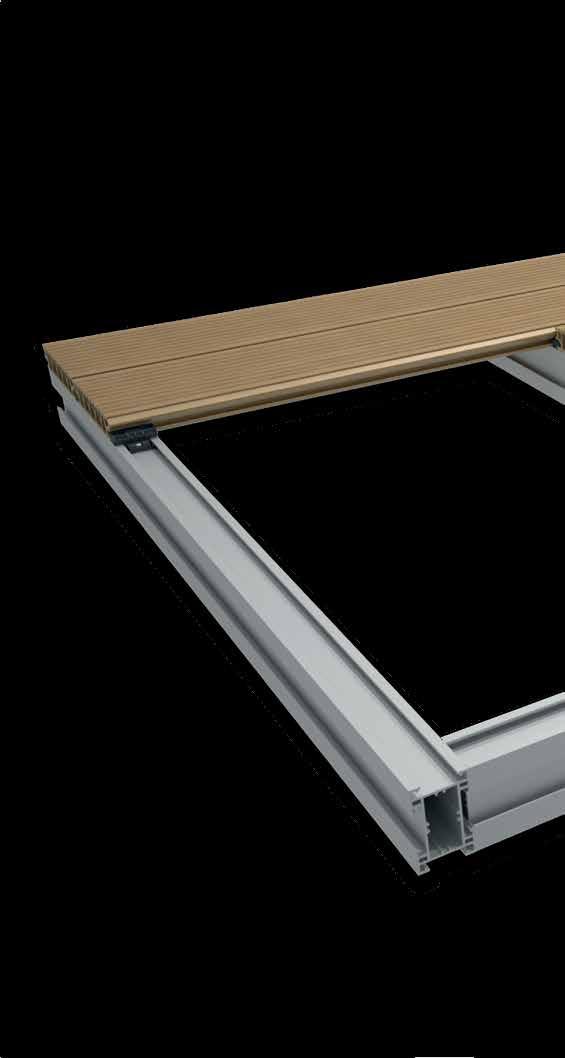 Kompozito montavimo profilis skirtas konstrukcijai gulinčiai ant lygaus pamato 48 x 35 mm Montavimas jungčių pagalba Kampas subkonstrukcijos profiliams Lentos Konstrukcijos elementai P 9524 P 9522 P
