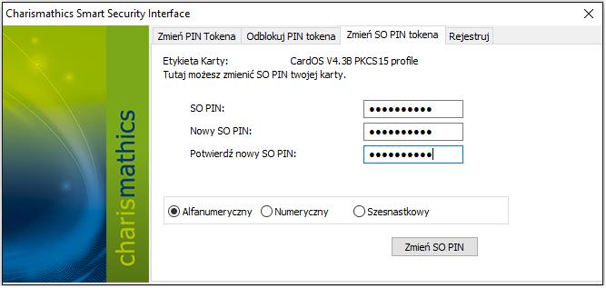 11 4. Changing SO PIN If you wish to change your SO PIN -> start Charismathics Smart Security Interface, select Change