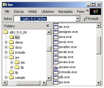 Narzędzia programistyczne c.d. Po zainstalowaniu pakietu Java SE JDK w katalogu jdk1.6.
