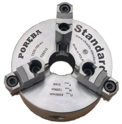 IN 55027 T534 T535 T734 T735 3-jaws and 4-jaws, self-centering steel body scroll chucks with IN 55027 type C mounting Uchwyty samocentrujące 3 i 4-szczękowe stalowe z mocowaniem typu C wg IN 55027