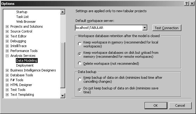 Praca z narzędziami danych SQL Server 39 Okno dialogowe opcji Wiele z domyślnych ustawień właściwości wymienionych powyżej można także zmienić wewnątrz SSDT, więc nie trzeba ich rekonfigurować dla
