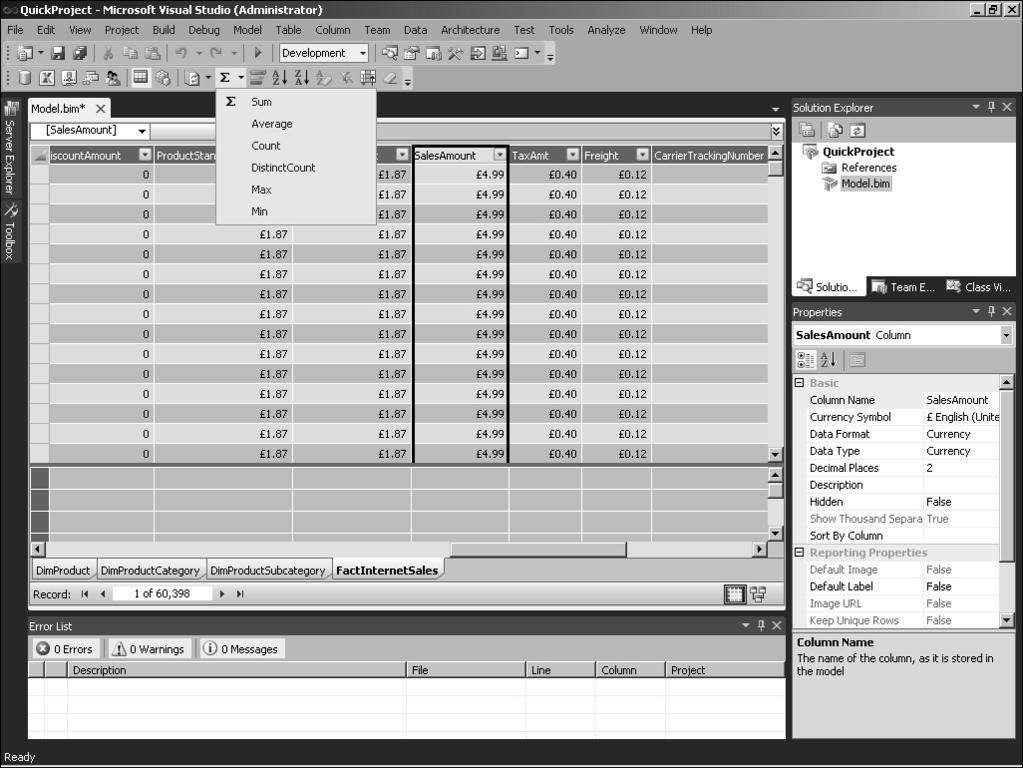 48 Rozdział 2: Rozpoczęcie pracy w modelu tabelarycznym RYSUNEK 2-26 Tworzenie miary w Grid View