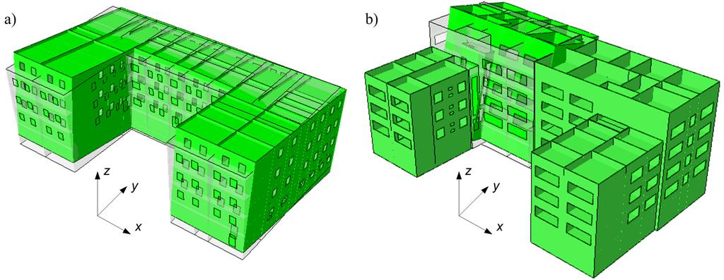 Analysis of an effectiveness of dilatation systems in the multi-family building... 207 Fig. 6. The comparison of the first shape of the natural frequency: a) model A, b) model D Rys. 6. Porównanie postaci pierwszych częstotliwości drgań własnych: a) model A, b) model D 5.