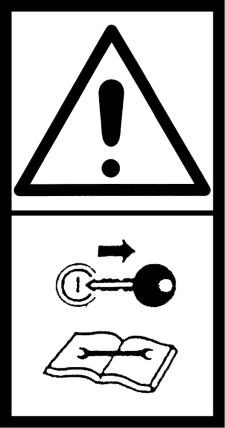 Znak informujący o zagrożeniu całego ciała przez wyrzucane przedmioty oraz o sposobie uniknięcia zagrożenia przez zachowanie bezpiecznej odległości za pracującą maszyną min.