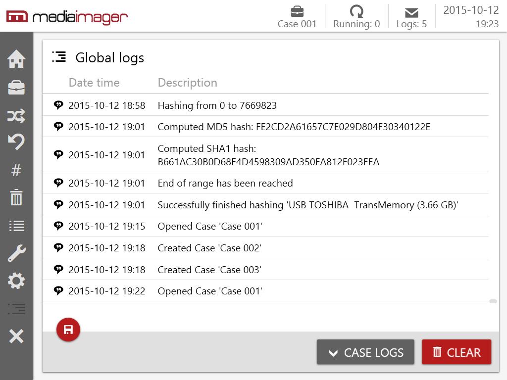 Dzienniki zdarzeń Ekran dzienników zdarzeń (logów) jest dostępny zarówno z głównego menu jak i panelu z lewej strony. MediaImager rozróżnia logi globalne od logów ze sprawy.