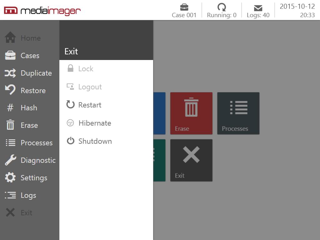 Wyłączenie urządzenia Aby wyłączyć MediaImager naciśnij kafelek Shutdown w menu głównym. Dodatkową możliwością jest kliknięcia przycisku Exit z panelu po lewej stronie aplikacji.