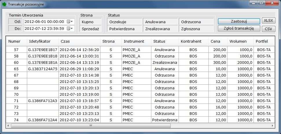 Transakcje pozasesyjne gwarantowane Wybór opcji Transakcje pozasesyjne w menu kontekstowym Arkusza ofert umożliwia otwarcie okna Transakcje pozasesyjne.