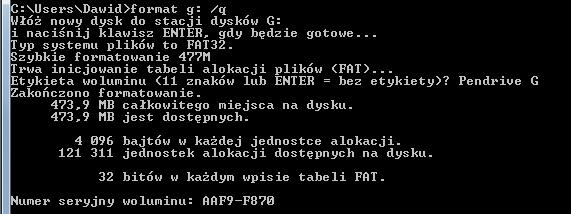 Wykonaj szybkie formatowanie nośnika włożonego do napędu G. 2. Podłącz do komputera nośnik, który chcesz formatować. 3. Wpisz polecenie format g: /q. 4.