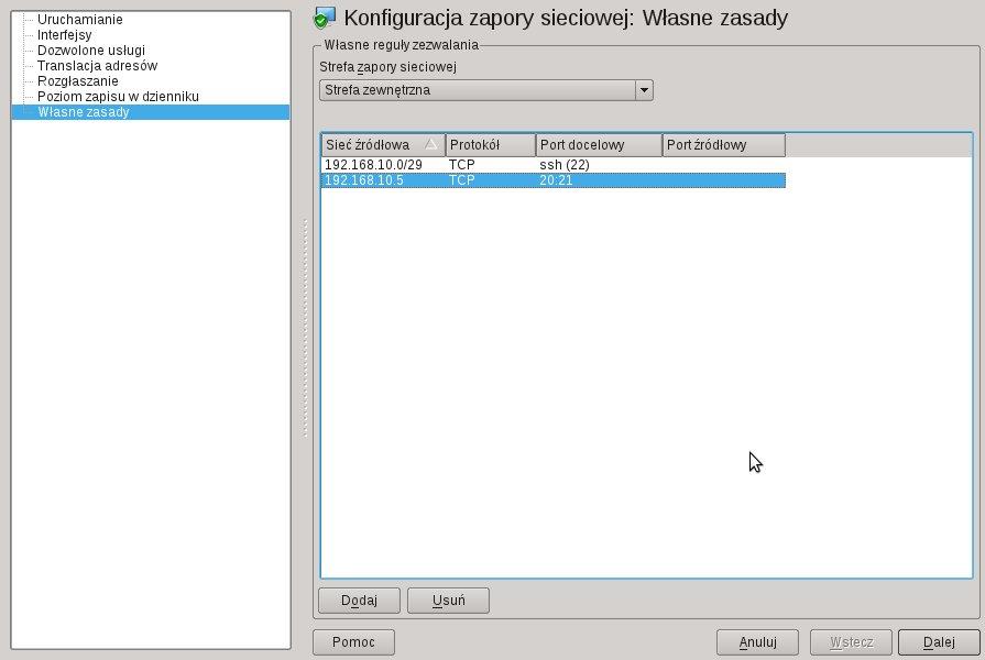 Konfiguraja firewall a w systemie Linux z konsoli tekstowej (iptables) Sprawdzenie bieżącej konfiguracji firewalla iptables -L Firewall wyzerujemy poleceniami iptables -F iptables -X a potem