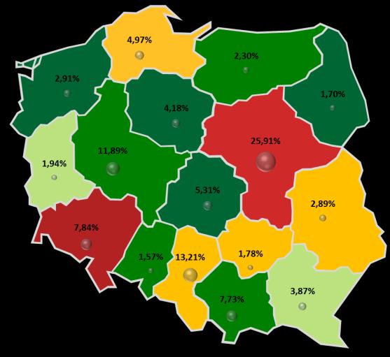 1.8. ANALIZA ZMIAN STANU ZAGROŻENIA PRZEDSIĘBIORSTW UPADŁOŚCIĄ W UJĘCIU REGIONALNYM W opracowaniu przedstawiono wybrane wyniki analizy stopnia zagrożenia przedsiębiorstw ogółem w podziale na