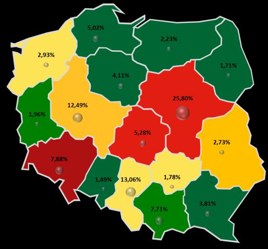Wyniki te przedstawiono w ujęciu graficznym w postaci map ze wskazaniem stopnia zagrożenia upadłością (kolor wypełniający obszar poszczególnych województw) oraz udziału liczby pracujących dla