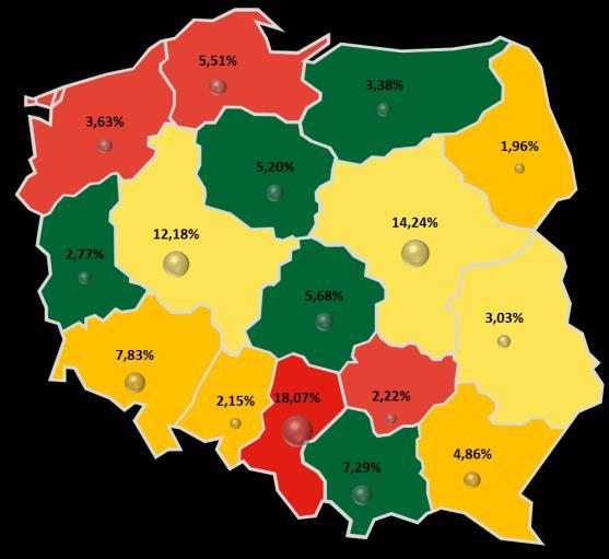 Analizując stopień zagrożenia upadłością w przedsiębiorstwach produkcyjnych można wskazać (por. mapa 3), że w II p. 2017 r.
