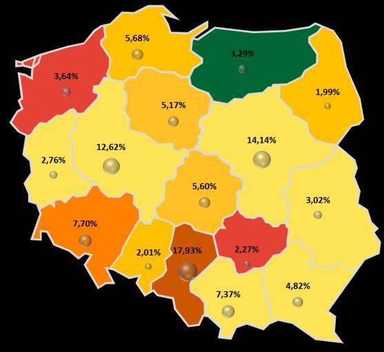 W województwie zachodniopomorskim wysoki stopień zagrożenia upadłością kształtował się na wysokim poziomie w całym okresie analizy, natomiast w świętokrzyskim od 2010 roku.