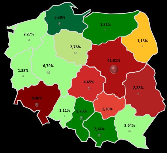 Mapa 5. Zróżnicowanie stopnia zagrożenia upadłością przedsiębiorstw oraz udziału liczby pracujących według województw w II p. 2016 r. i II p. 2017 r. dla przedsiębiorstw usługowych II p. 2016 II p.