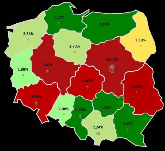 Stopień zagrożenia w województwach uporządkowano za pomocą kolorów, gdzie poziom niski odpowiada odcieniom koloru zielonego od jasnego do ciemnego (0-160), poziom ostrzegawczy odcieniom koloru
