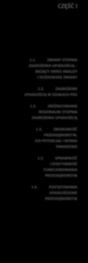 CZĘŚĆ I 1.1. ZMIANY STOPNIA ZAGROŻENIA UPADŁOŚCIĄ BIEŻĄCY OKRES ANALIZY I OCZEKIWANE ZMIANY 1.2. ZAGROŻENIE UPADŁOŚCIĄ W DZIAŁACH PKD 1.3. ZRÓŻNICOWANIE REGIONALNE STOPNIA ZAGROŻENIA UPADŁOŚCIĄ 1.4.