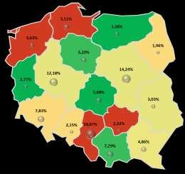 Stopień zagrożenia w województwach uporządkowano za pomocą kolorów, gdzie poziom niski odpowiada odcieniom koloru zielonego od jasnego do ciemnego (0-160), poziom ostrzegawczy odcieniom koloru