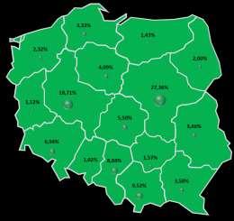 Mapa 4. Zróżnicowanie stopnia zagrożenia upadłością przedsiębiorstw oraz udziału liczby pracujących według województw w I p. 2015 r. i I p. 2016 r. dla przedsiębiorstw handlowych II p. 2015 II p.